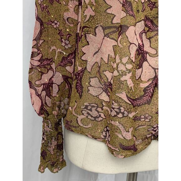 o.p.t One Pretty Time Smocked Tie Peasant Blouse Floral Metallic Threads size XS - Picture 3 of 15